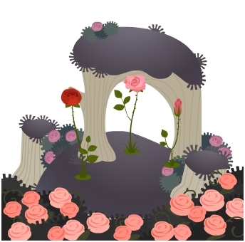 今週のヤミSHOP「バラのオブジェ薄紅・桃・赤」、前景アイテムの「ピンクローズの茂み」、「割れた植木鉢A」